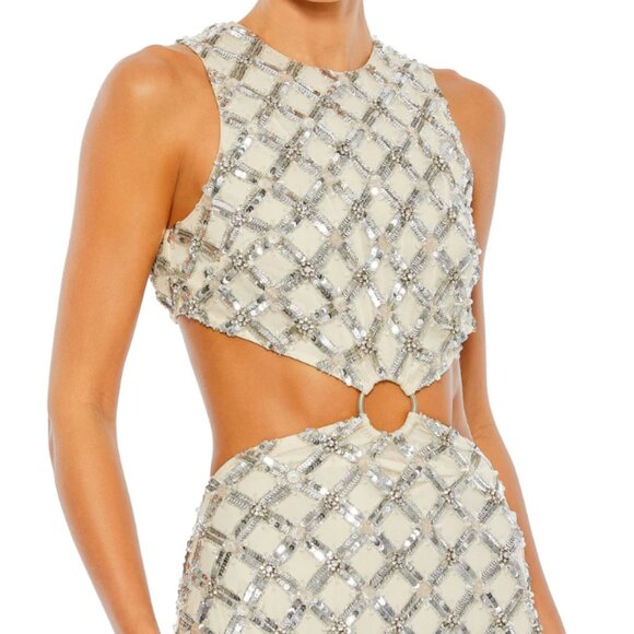 MAC DUGGAL 10909 EMBELLISHED HIGH NECK CUTOUT NUDE SILVER GOWN sz 4 - Picture 3 of 5